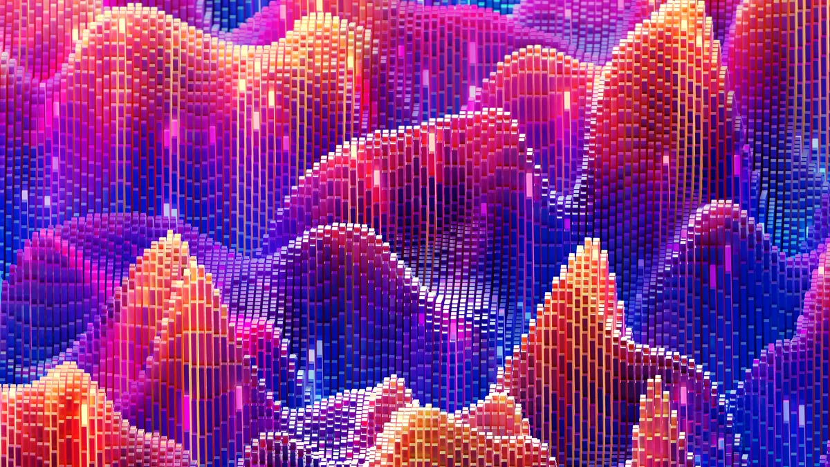 A 3D digitally generated image of multicolored curved shapes forming abstract waves