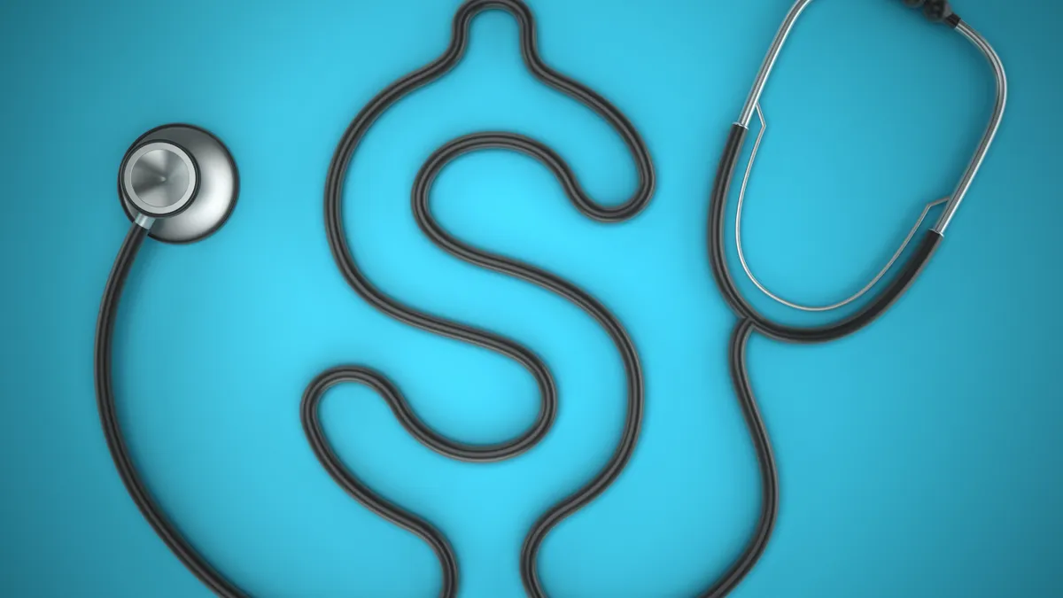 An illustration of a stethoscope in the shape of a dollar sign.